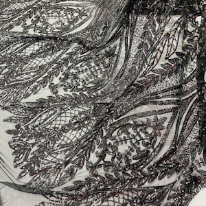 Black Damask Sequin Fabric, 4-Way Stretch Spandex Mesh, Gala Gown