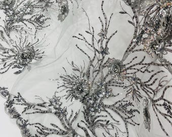 Gray 3D Floral Rhinestone Lace Fabric: Embroidered Flower Mesh, 52" Wide