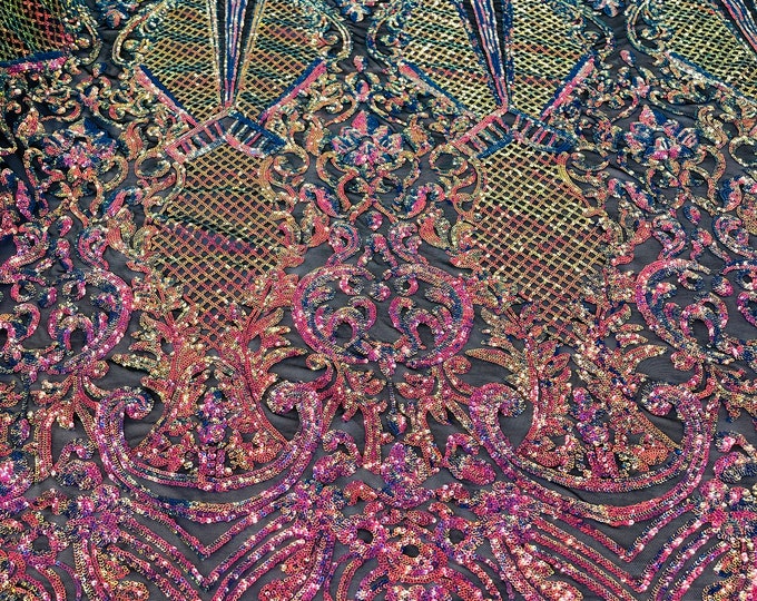 Rainbow Iridescent Sequin Lace Fabric by the yard - DAMASK Design Embroidered on Black Mesh 4 way Stretch Sequins-Prom-Gown