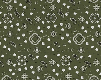 Olive Green Bandana Print Fabric Cotton/Polyester Sold By The Yard