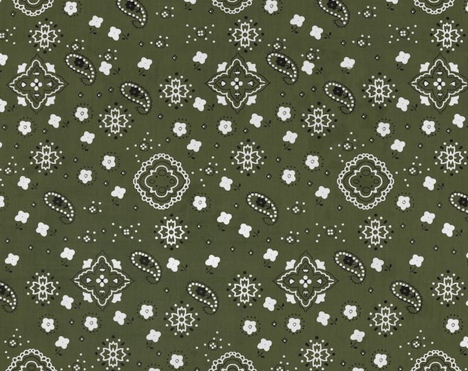 Olive Green Bandana Print Fabric Cotton/Polyester Sold By The Yard