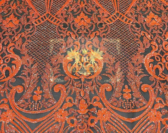Neon Orange Sequin on Black Mesh Embroidered With Sequins Fabric 4 Way Stretch Damask Design Sequin Fabric Mesh-Prom-Gown By The Yard