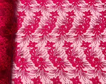 Fuchsia Floral Sequined Lace Fabric, Corded Embroidery, Bridal Gown