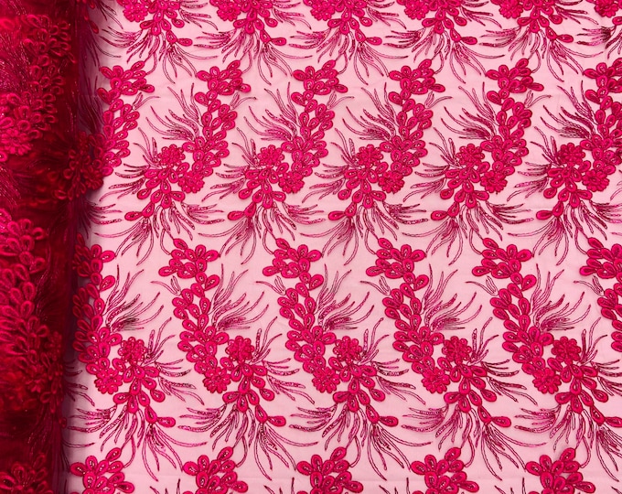 Metallic Fuchsia Corded Floral Lace Fabric, by the yard - Embroidery With Sequins on a Mesh Lace Fabric For Gown, Wedding-Bridal