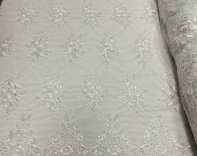 WHITE Flower Cluster Fabric - Embroidered Floral Design With Sequins on Mesh Lace Fabric by the Yard (Pick a Size)