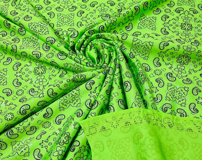 Neón Lime Green Bandana Print Fabrics - Nylon Spandex Fabric 4 Way Stretch Sold By The Yard (Pick a Size)