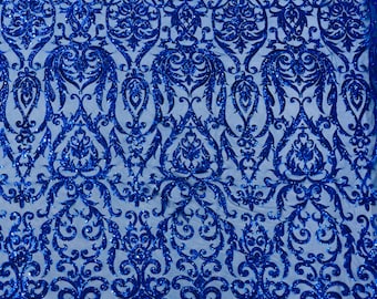 Royal Blue Sequins Fabric| by the yard | 4 Way Stretch Mesh | Embroidered King Damask Design With Sequin Lace Prom-Gown