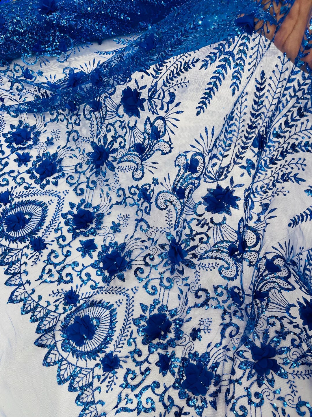 Royal Blue 3D Flower Sequin Fabric, Glitter Tulle Lace, Wedding Dress ...