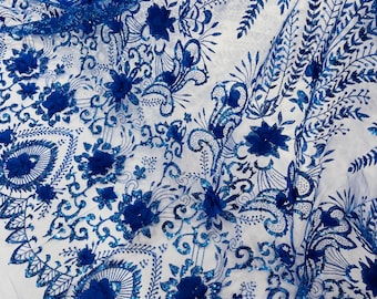 Royal Blue 3D Flower Sequin Fabric, Glitter Tulle Lace, Wedding Dress, Quinceañera