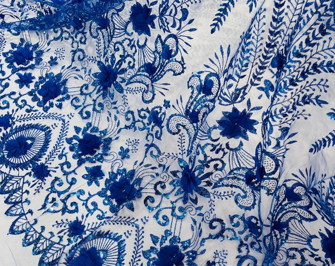 Royal Blue 3D Flower Glitter Sequin Fabric by the yard, 3D Floral Glitter Sequin On Mesh for wedding dress Quinceañera