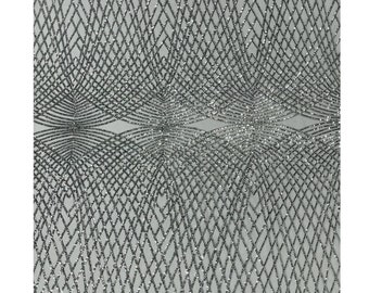 Silver Sequins Fabric  - White Mesh 2Way Stretch Geometric Diamond Design on Mesh Fabric for Prom Gala Gown By The Yard
