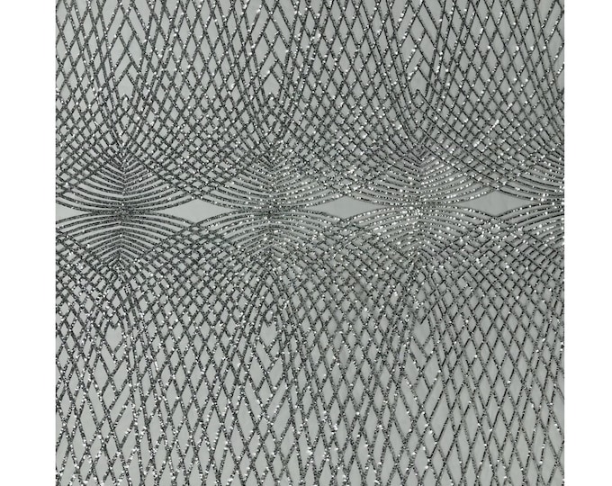 Silver Sequins Fabric  - White Mesh 2Way Stretch Geometric Diamond Design on Mesh Fabric for Prom Gala Gown By The Yard