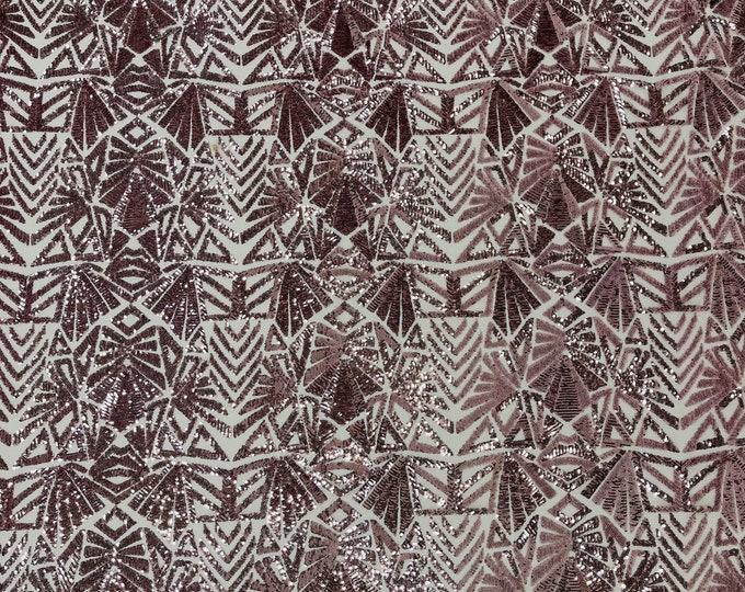 Dusty Pink 4 Way Stretch Geometric Sequins Emily Design Shiny Fabric on Mesh for Prom Gala Gown By The Yard