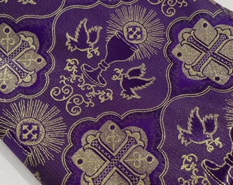Purple/Gold Cross Brocade Fabric: Liturgical Jacquard Vestment, 58/60" Wide