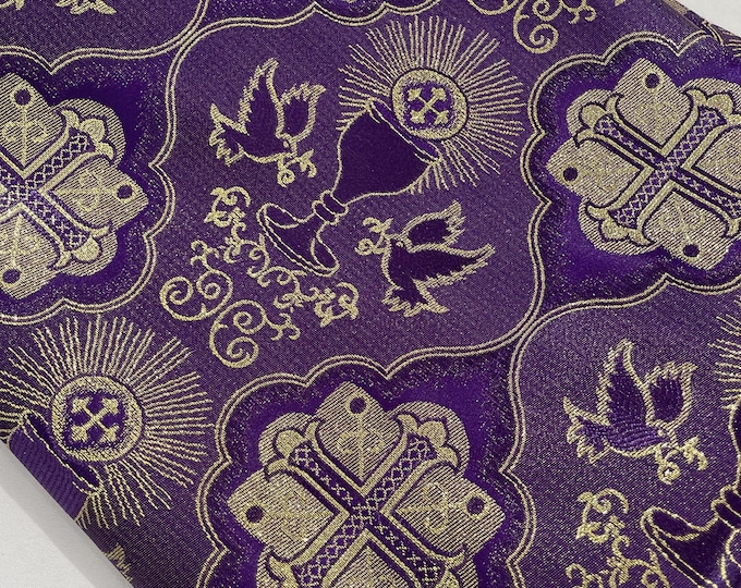 Purple/Gold Cross Brocade Fabric: Liturgical Jacquard Vestment, 58/60" Wide