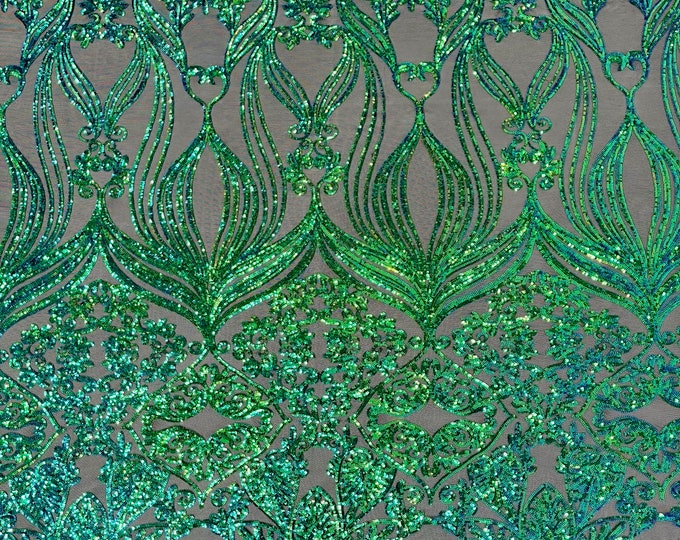 Mermaid Green Sequin Fabric by the yard - Damask Design on Black Mesh 4 Way Stretch Sequins Fabric Prom-Gown