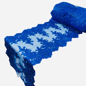 Royal Blue Metallic Floral Lace Fabric For Runner by the yard, 15&quot; Wide Metallic Corded Lace Embroidery With Sequins on a Mesh Lace Fabric