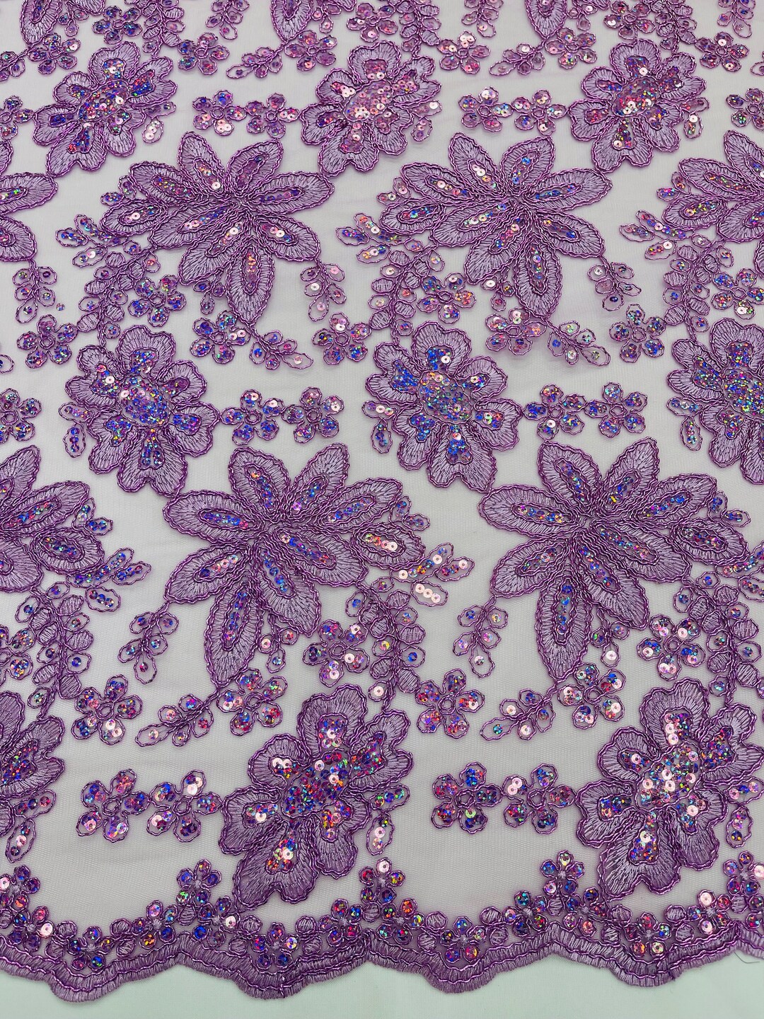 Coral hologram Autumn Dance Flowers Embroider With Sequins On a Mesh Lace sold by the yard main image 0
