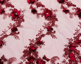 Burgundy 3D Flower Lace Fabric: Embroidered Sequins & Rhinestones