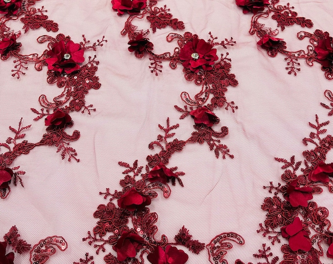 Burgundy 3D Floral-Flower Lace Fabric | by the yard | Embroidered With Sequins & Rhinestone 3D Flower| Lace Floral | Bridal Wedding