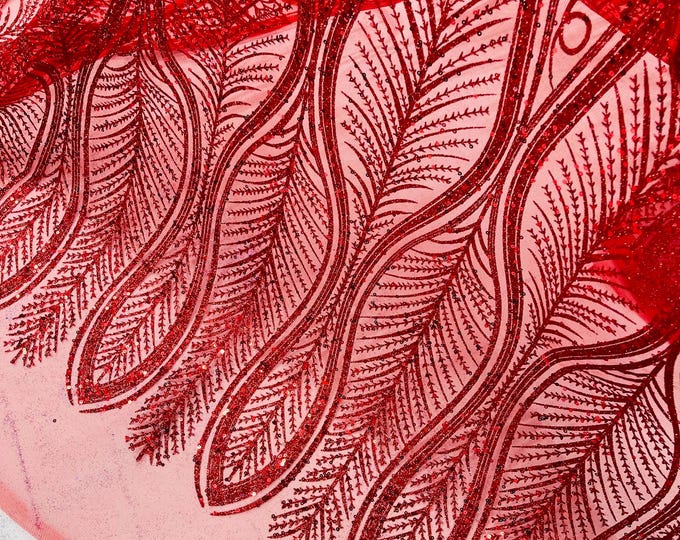 Red Glitter Sequin on Mesh Lace Fabric By The Yard for Wedding Decor, Damask Glitter Sequin Fabric Bridal/Prom, Shimmer Glitter