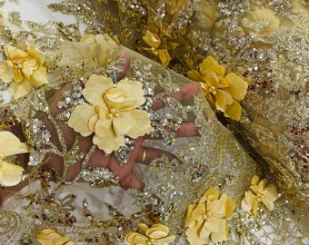 Gold Glitter Sequin Flower Fabric, 3D Floral Mesh, Wedding Dress