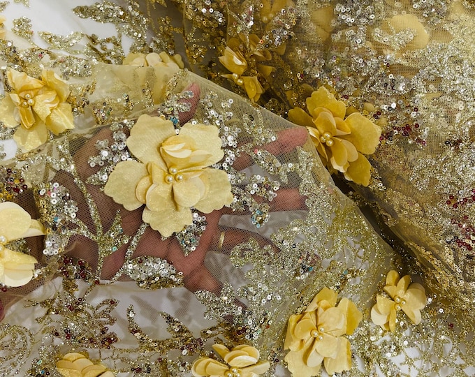 Gold Big 3D Flower Glitter Sequin Fabric by the yard, Big 3D Floral Glitter Sequin On Mesh for wedding dress Quinceañera