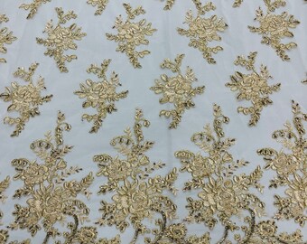 Metallic Champagne Floral Lace Fabric Sold By The YARD Embroidery With Sequins on a Mesh Lace Fabric For Wedding-Bridal