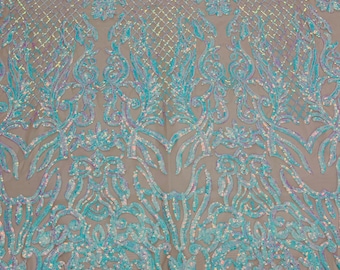Iridescent Aqua Sequin Fabric: Luxury Damask Embroidered Spandex