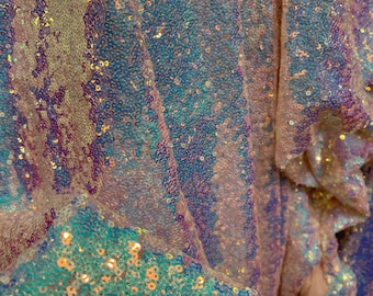 Iridescent Aqua Sequin Mini Glitz on Nude Mesh 4 Way Stretch Fabric Sequins, Sequin Fabric Dresses-Nightgowns-Prom Gown (Choose The Size)