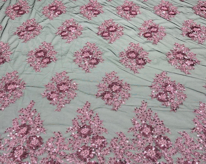 Pink on Black Mesh Lace Fabric - by yard - Corded Flower Embroidery With Sequins on a Mesh Lace Fabric For Wedding-Bridal