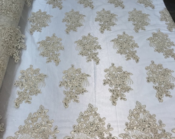 Flower Lace Fabric -Light Beige Floral Clusters Embroidered Lace Mesh Fabric Sold By The Yard