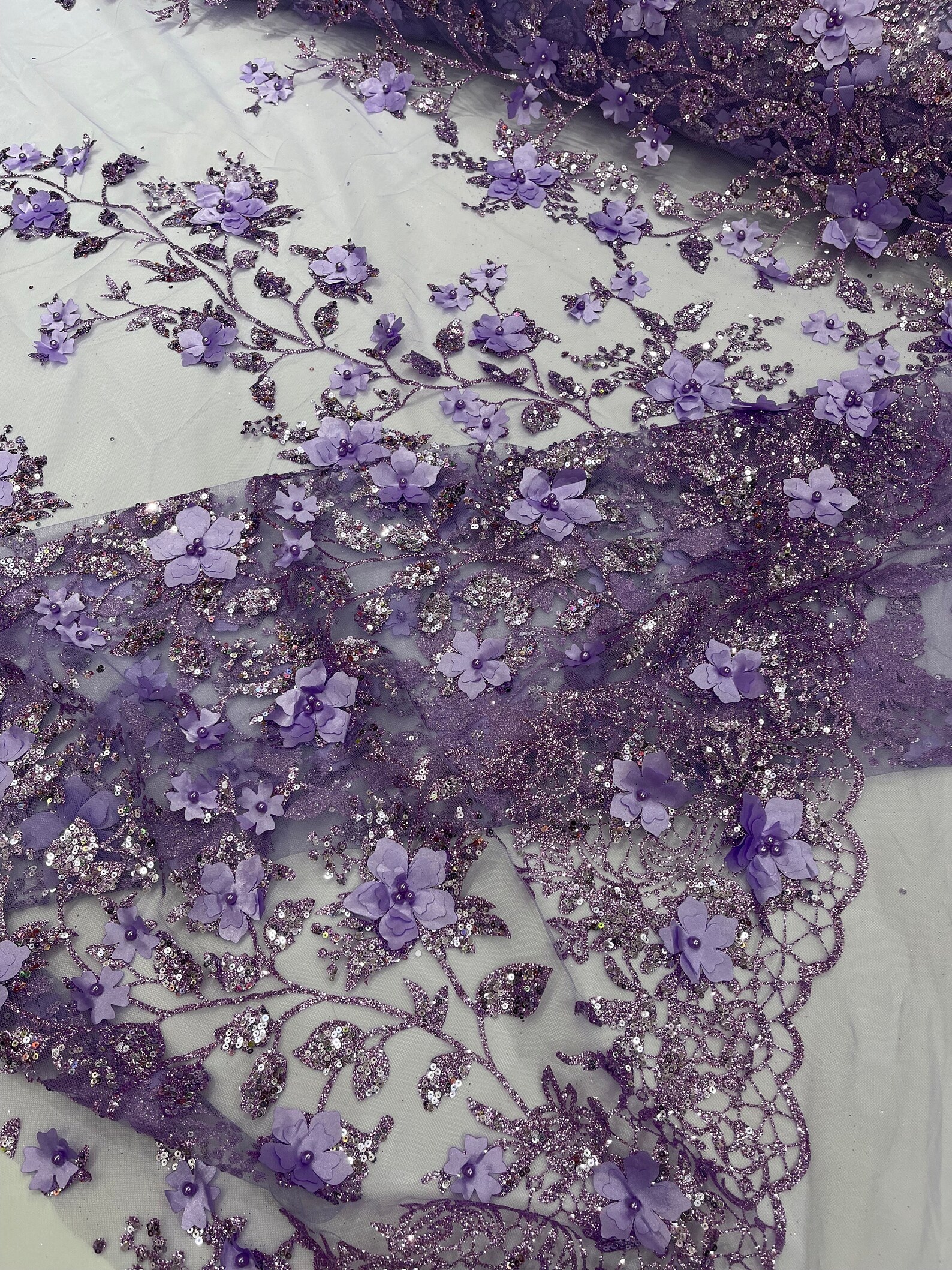 Lilac 3D Flower Glitter Sequin Fabric by the Yard, 3D Floral Glitter ...
