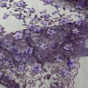 Lilac 3D Flower Glitter Sequin Fabric by the Yard, 3D Floral Glitter ...