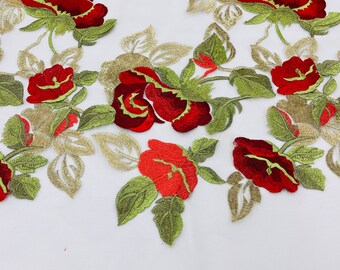 Red & Gold Floral Embroidered Lace Fabric: Bridal Wedding Dress Lace