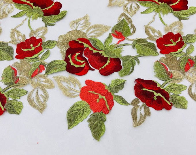 Red/Gold Floral and Leaves Embroidery on a Mesh Lace Fabric , Floral Bridal Lace Wedding Dress by the Yard (Pick a Size)