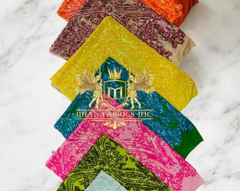 Purple Green Iridescent Sequin Fabric by the yard - on Nude Power Mesh, Big Damask Design 4 Way Stretch Sequins Fabric Prom-Gown