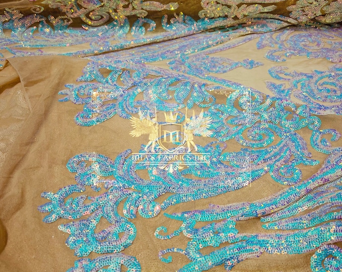 Iridescent Aqua/Blue Sequins Fabric on Nude Mesh - CO,#2 Damask Design 4 Way Stretch Sequin Fabric Sold By The Yard