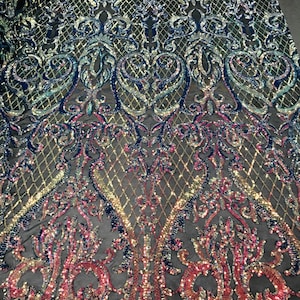 Iridescent Rainbow Sequin Fabrics on Black Mesh - 4 Way Stretch Sequins Heart Pattern Damask with Fish Net Details on Mesh Sold By Yard