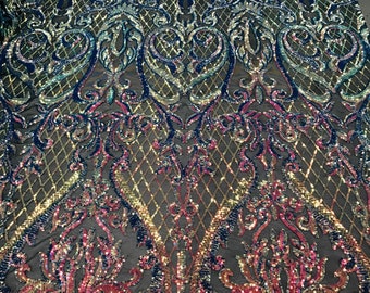 Iridescent Heart Damask Sequin Fabric - Black Mesh, 4-Way Stretch