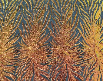 Orange Iridescent Sequin Fabric, Black Mesh, Phoenix Wing Design