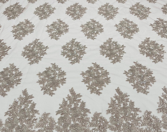 Blush on Rose Mesh Lace Fabric - by yard - Corded Flower Embroidery With Sequins on a Mesh Lace Fabric For Wedding-Bridal-Dress
