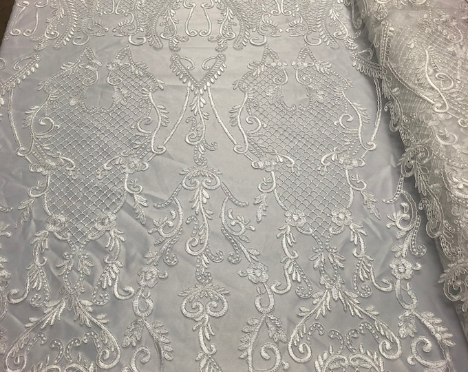 White Damask Design Embroidered on Mesh Lace Fabric, Floral Bridal Lace Wedding Dress by the Yard (Pick a Size)