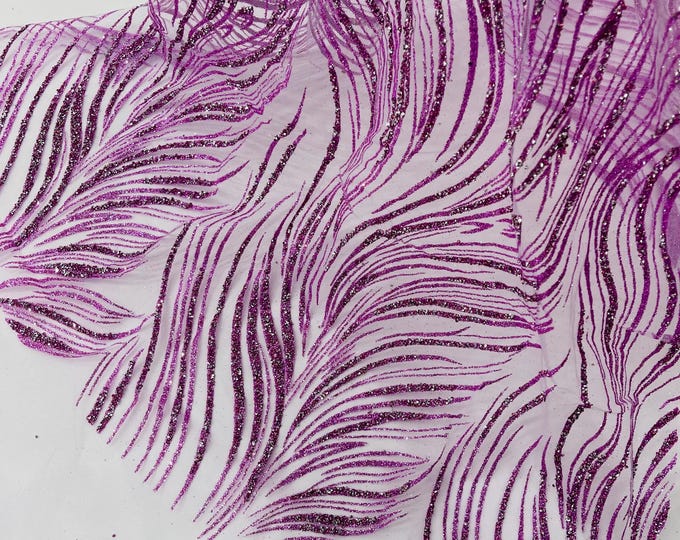 Lilac Silver Rhinestones Glitter Fabric on a Mesh By The Yard | Wavy Desing Glitter Rhinestones on Mesh Fabric, Wedding Bridal/Prom