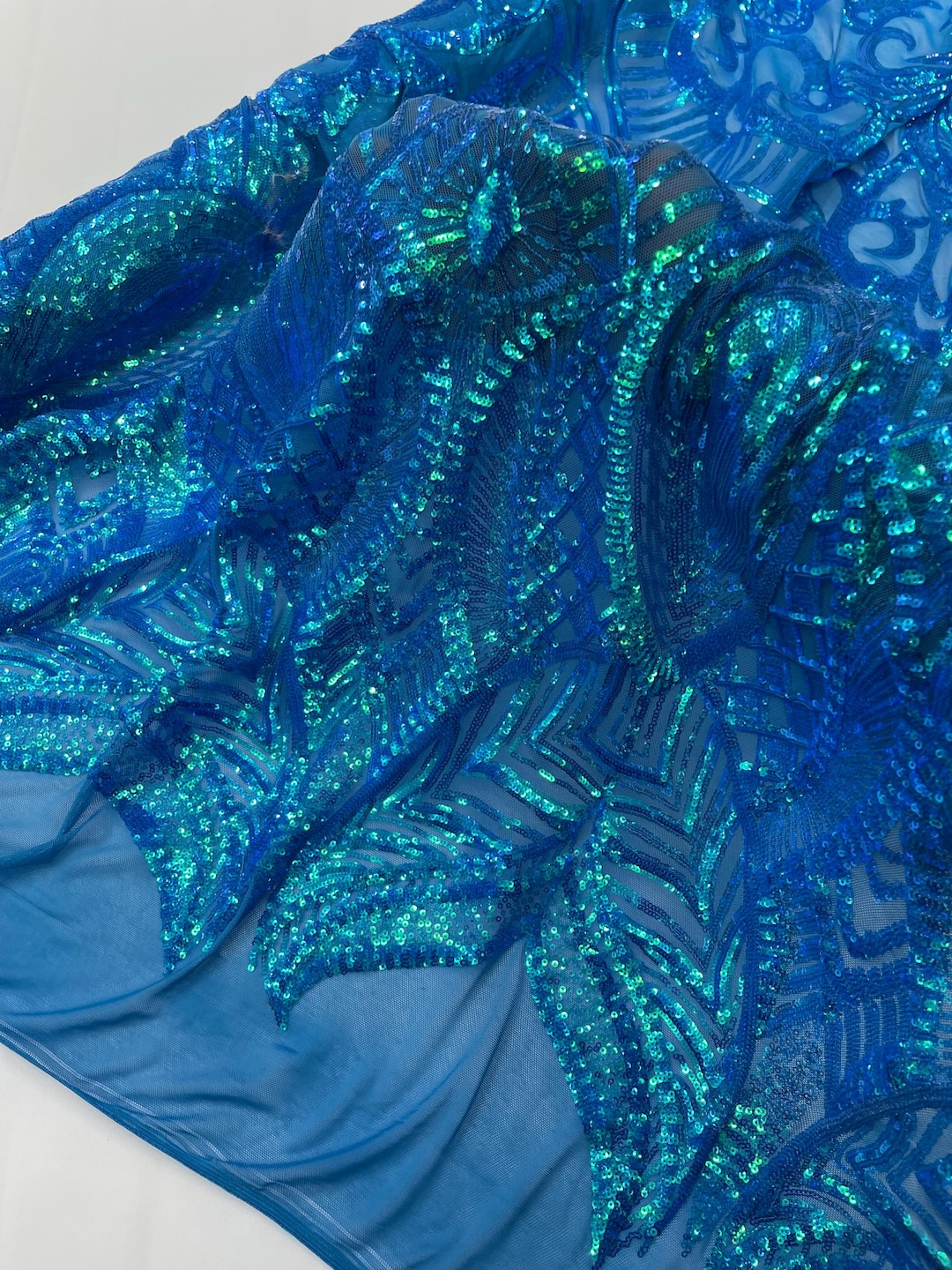 Iridescent Turquoise Sequin Fabric: Royalty Embroidered Mesh, Prom
