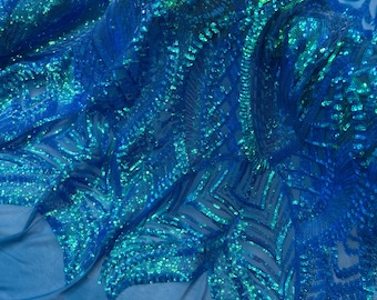 Iridescent Turquoise Sequin Fabric: Royalty Embroidered Mesh, Prom Gown