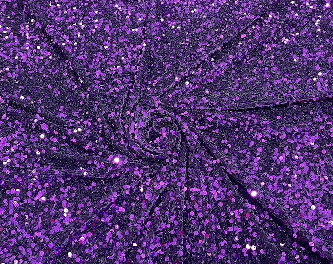 Purple Sequin Fabric on Stretch Velvet - by the yard - all Over 5mm Sequins Velvet 2-way Stretch 58/60”