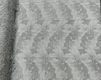 Metallic Silver Corded Floral Lace Fabric, by the yard - Embroidery With Sequins on a Mesh Lace Fabric For Gown, Wedding-Bridal