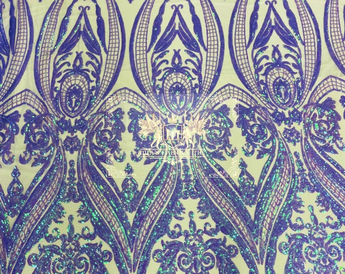 Lilac Iridescent Sequins - 4 Way Stretch Fancy Big Damask Design Sequins on Spandex Mesh Prom Gala Gown Fabric By The Yard