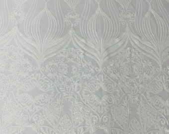 White Sequin on White Mesh - Camila Design 4 Way Stretch Sequins Fabric, Lace sequins Prom-Gown (Choose The Size)